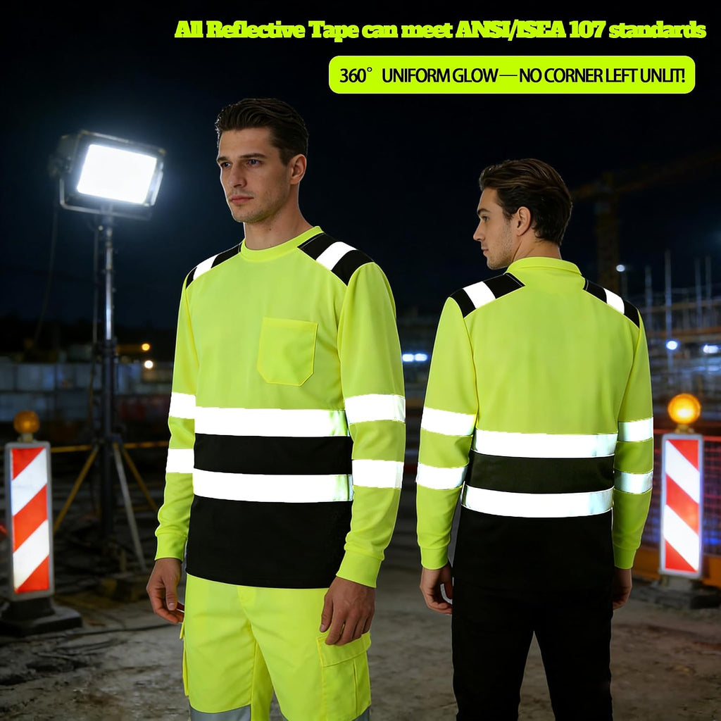 BeautyWill Custom Logo High Visibility Safety Shirts, ANSI Class 3 Reflective Work Shirts Long Sleeve Crewneck T-Shirt