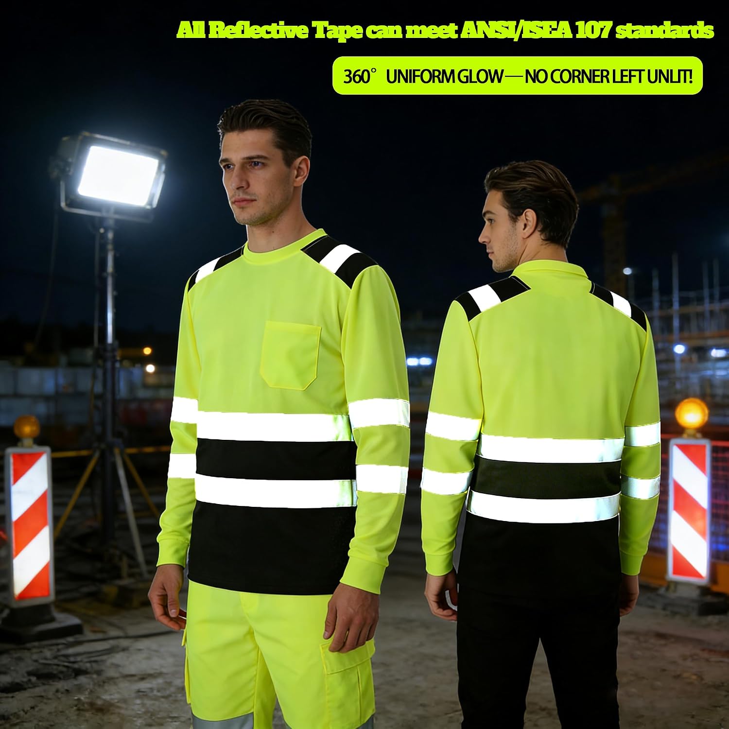 BeautyWill Custom Logo High Visibility Safety Shirts, ANSI Class 3 Reflective Work Shirts Long Sleeve Crewneck T-Shirt
