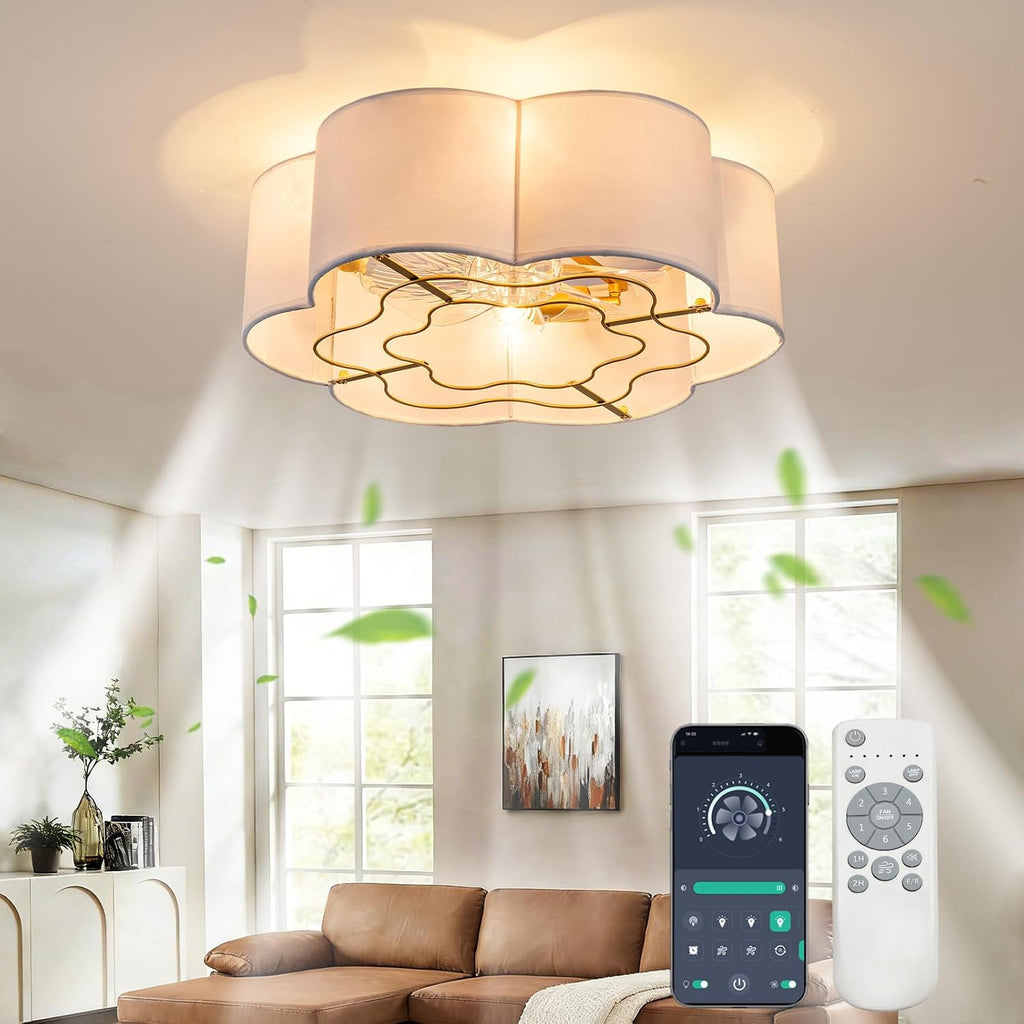 Caged Ceiling Fan with Lights, Flush Mount 20' Boho Ceiling Fans with Lights Remote Control, Low Profile Fabric Bladeless with 6 Speeds for Bedroom, Nursery, Kitchen