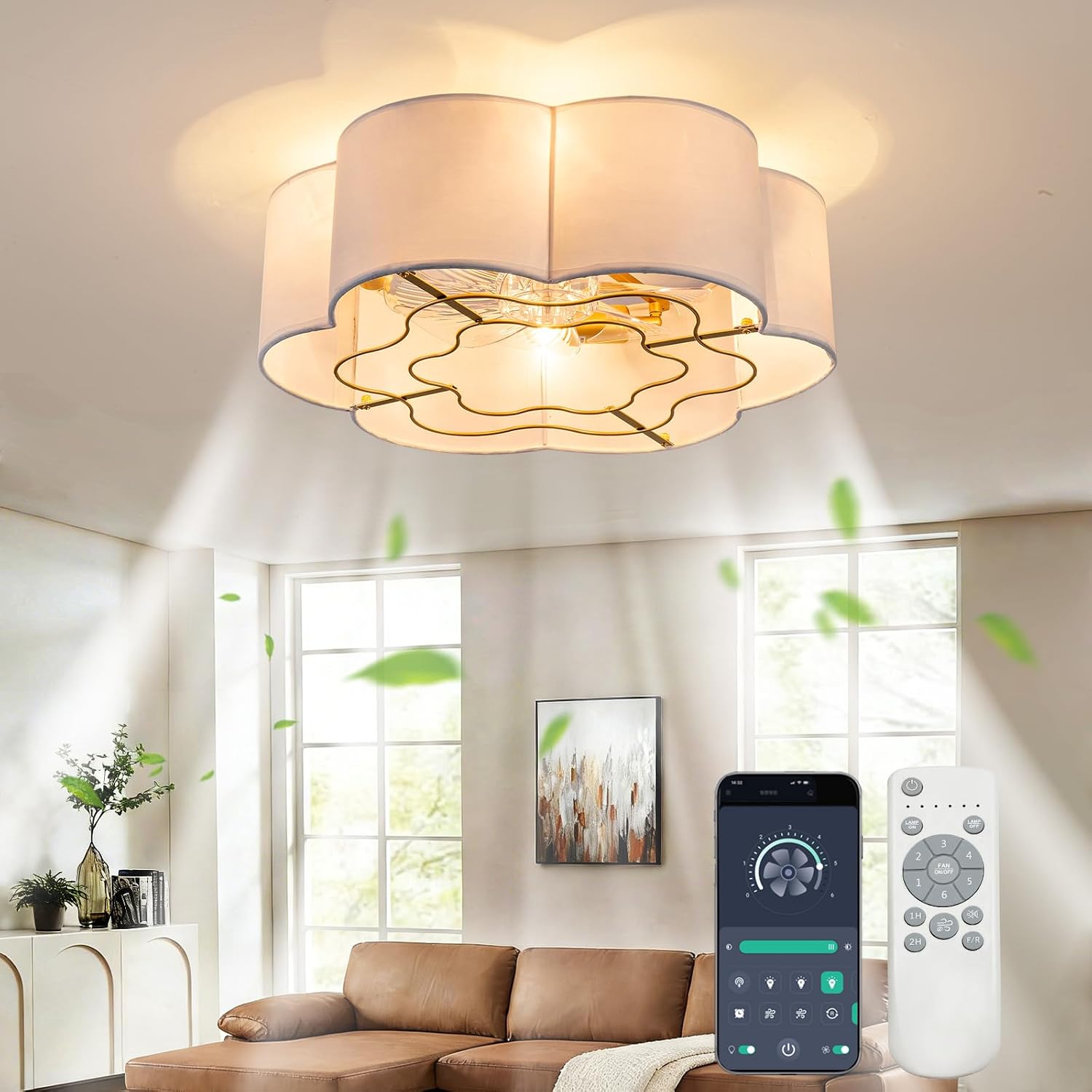 Caged Ceiling Fan with Lights, Flush Mount 20' Boho Ceiling Fans with Lights Remote Control, Low Profile Fabric Bladeless with 6 Speeds for Bedroom, Nursery, Kitchen