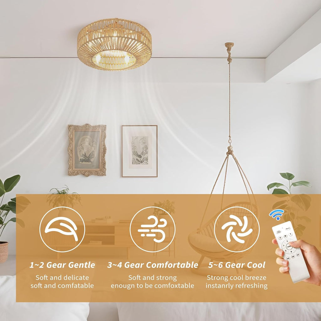 20 Inch Boho Low Profile Ceiling Fan with Soft Yellow Light, Handwoven Rattan & Hemp Design, Remote Control Fandelier - Includes 5+1 LED Bulbs, Flush Mount for Bedroom, Living Room, Patio