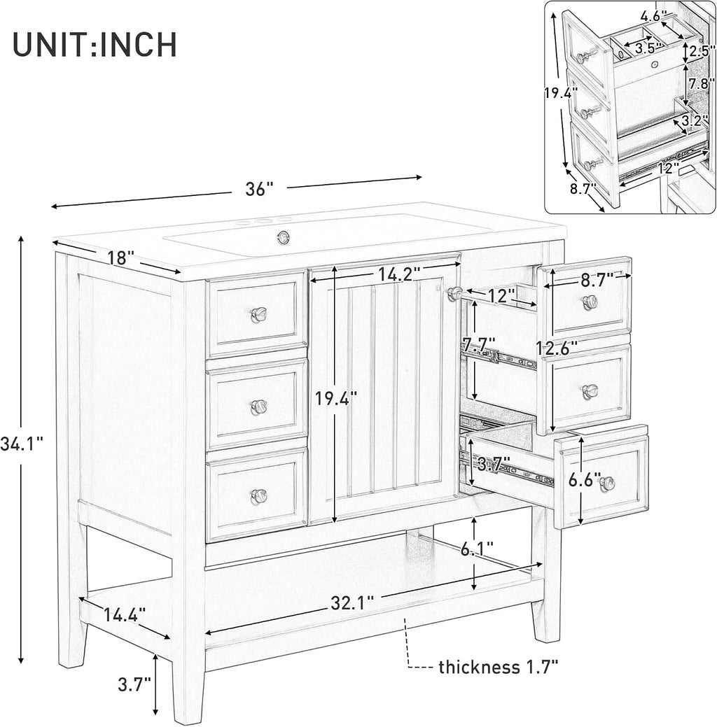 36' Vanity Bathroom Cabinet with Sink Top, Three Multi-Functional Drawers, Open Storage Space, Adjustable Shelf, White