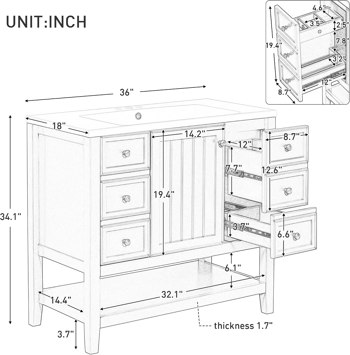 36' Vanity Bathroom Cabinet with Sink Top, Three Multi-Functional Drawers, Open Storage Space, Adjustable Shelf, White