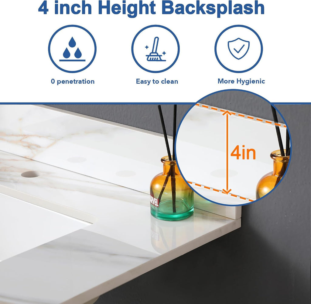 Montary 31'x 22' Vanity Top with Sink for Bathroom, Undermount Rectangular Ceramic Sink & Backsplash, Bathroom Single Bowl Vanity Top with 1 Pre-Drilled Hole