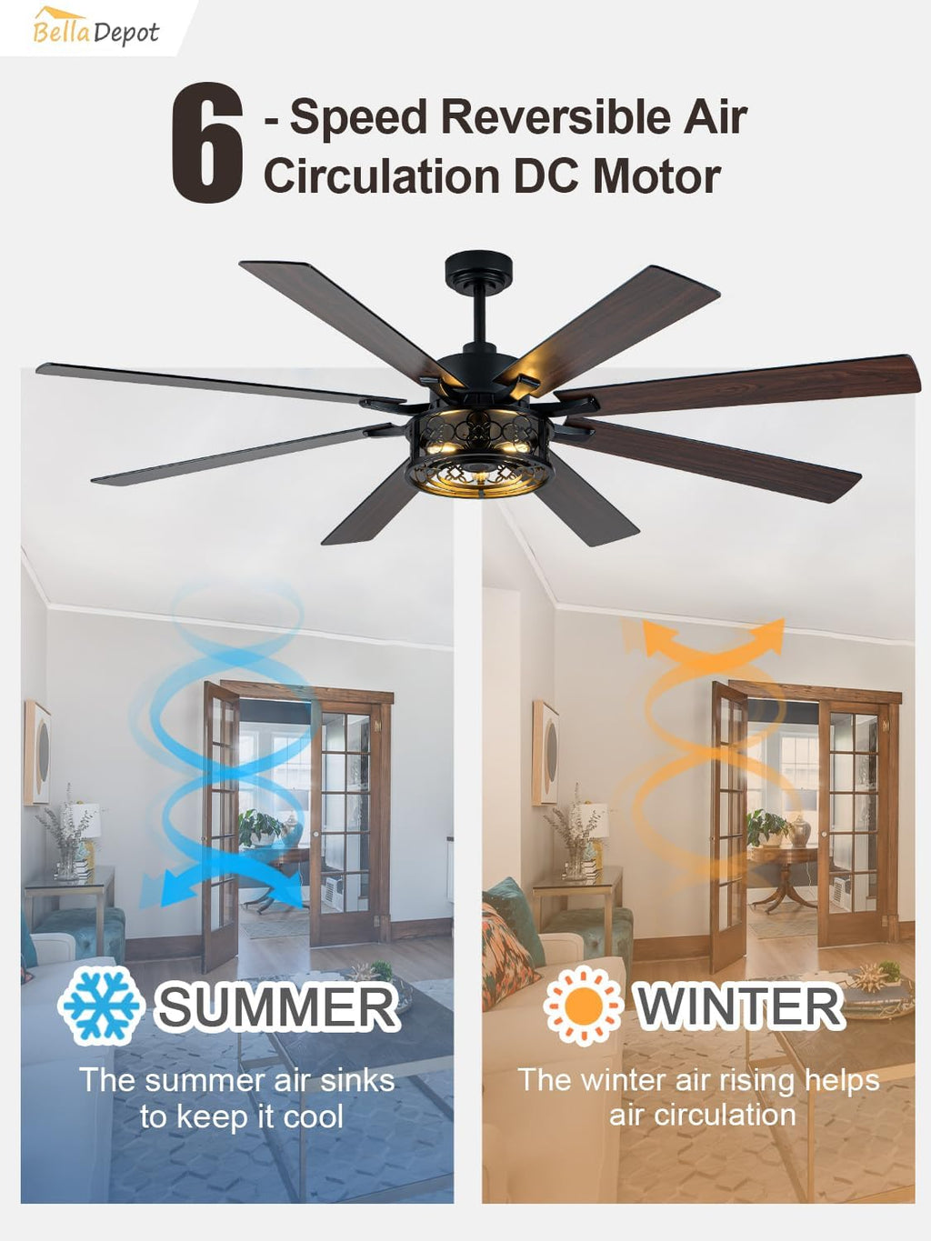 Bella Depot 72' Ceiling Fan with Light, Farmhouse Caged Chandelier Fan with Lights and Remote, Vintage Rustic Indoor Fandelier with Silent Motor for Dining Living Room Bedroom, (Bulbs not Included)