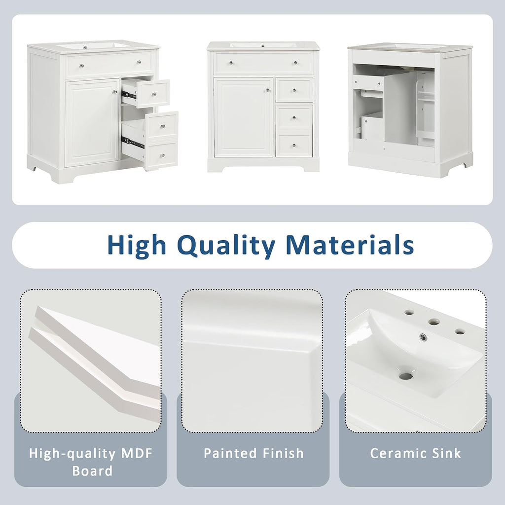 30' Bathroom Vanity Cabinet with Ceramic Sink Top Set, Two Drawers with Slides, Soft Closing Doors, Freestanding, Solid Wood Frame & MDF Board, White