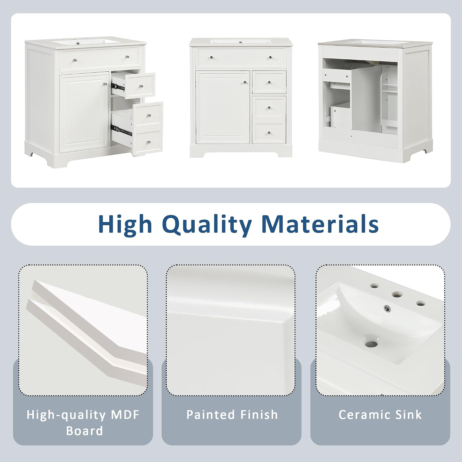 30' Bathroom Vanity Cabinet with Ceramic Sink Top Set, Two Drawers with Slides, Soft Closing Doors, Freestanding, Solid Wood Frame & MDF Board, White