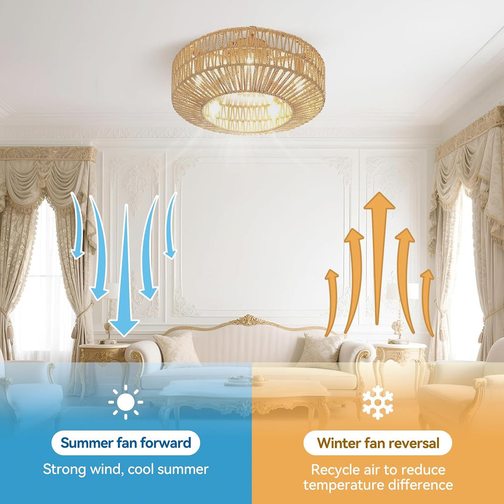 20 Inch Boho Low Profile Ceiling Fan with Soft Yellow Light, Handwoven Rattan & Hemp Design, Remote Control Fandelier - Includes 5+1 LED Bulbs, Flush Mount for Bedroom, Living Room, Patio