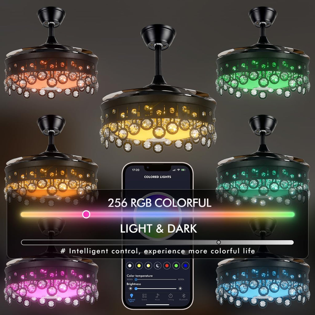 A Million Crystal Ceiling Fan with Lights Smart Bluetooth Music Player, 42 Inch LED Dimmable Remote Control Retractable Invisible Blades Indoor Ceiling Fan for Living Room Black