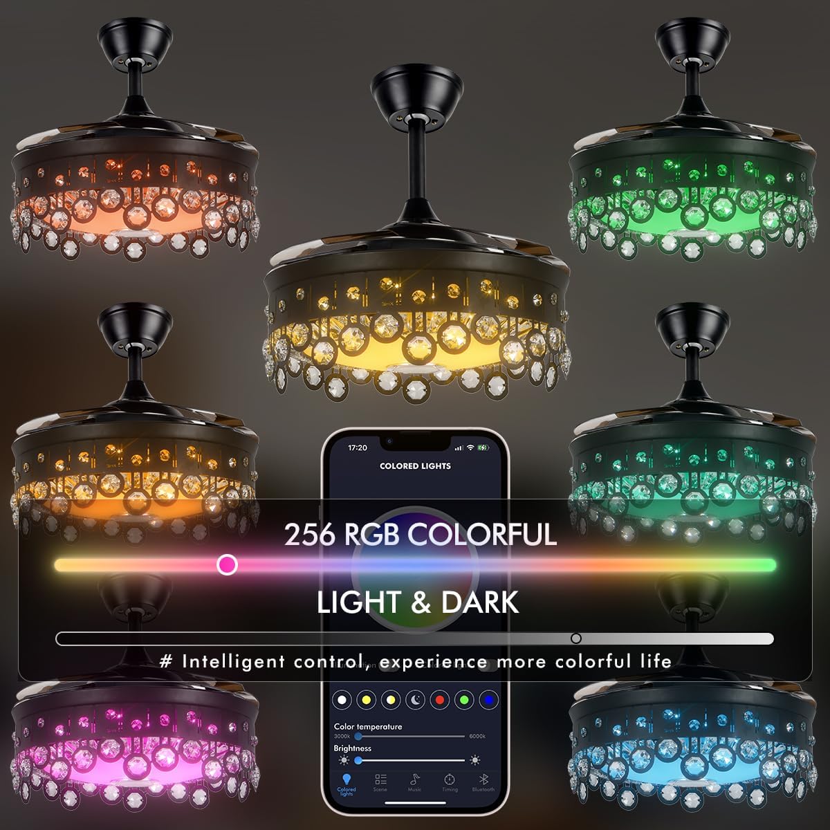 A Million Crystal Ceiling Fan with Lights Smart Bluetooth Music Player, 42 Inch LED Dimmable Remote Control Retractable Invisible Blades Indoor Ceiling Fan for Living Room Black
