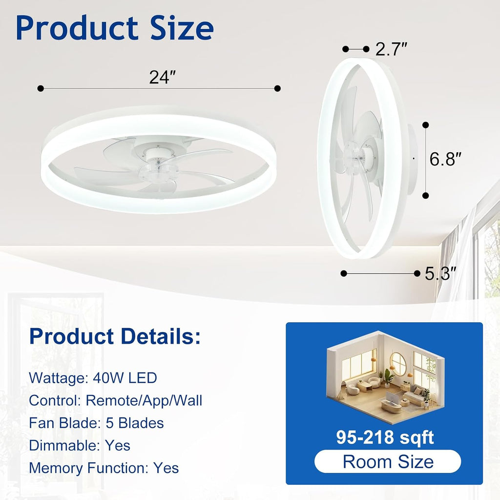 DLLT Bladeless Ceiling Fans with Lights: 24 Inch Modern Flush Mount Low Profile Ceiling Fan with APP Remote Control - White Enclosed LED Fandelier Dimmable Quiet DC Motor for Bedroom Living Room