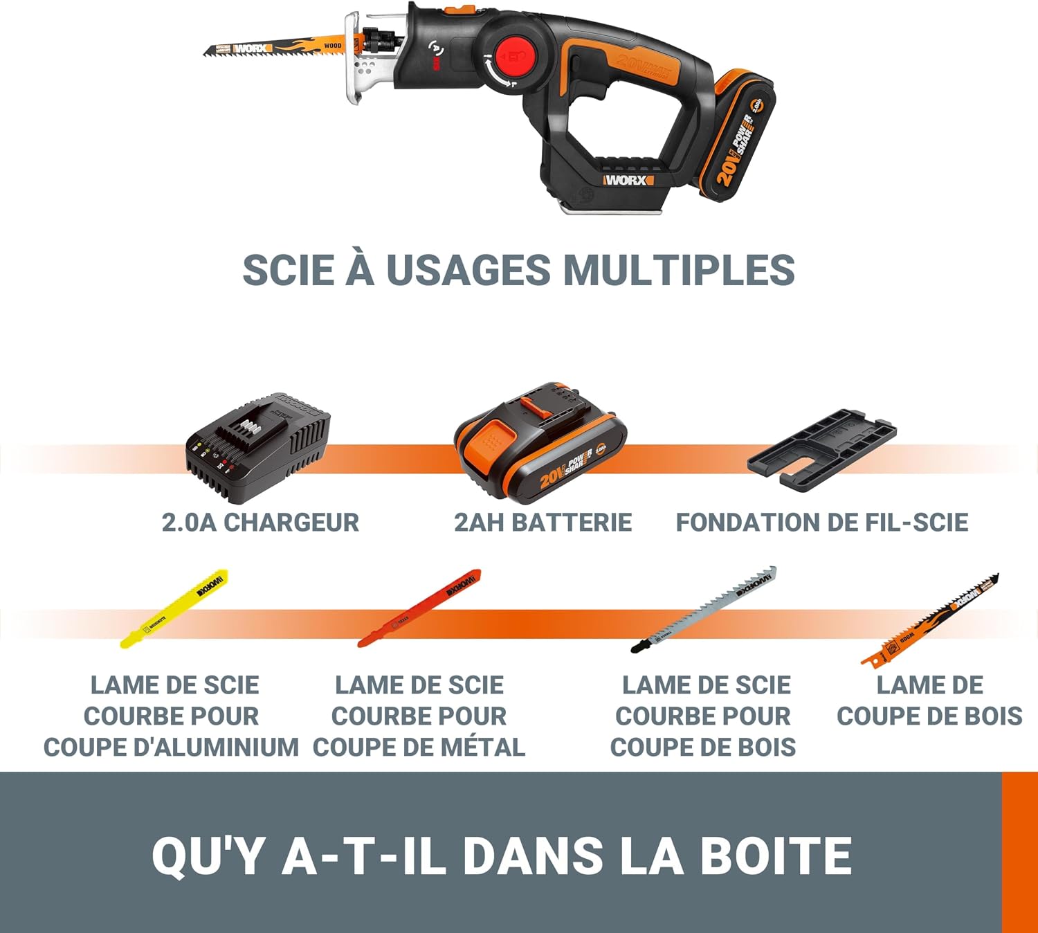 WORX 20V WX550 Cordless Jigsaw and Sabre Saw, 20 mm Stroke, Up to 127 mm, Multifunction, Wood Cutting, Aluminum, Steel, PVC, Pendulum Function, with 1 x 2Ah Battery and Fast Charger