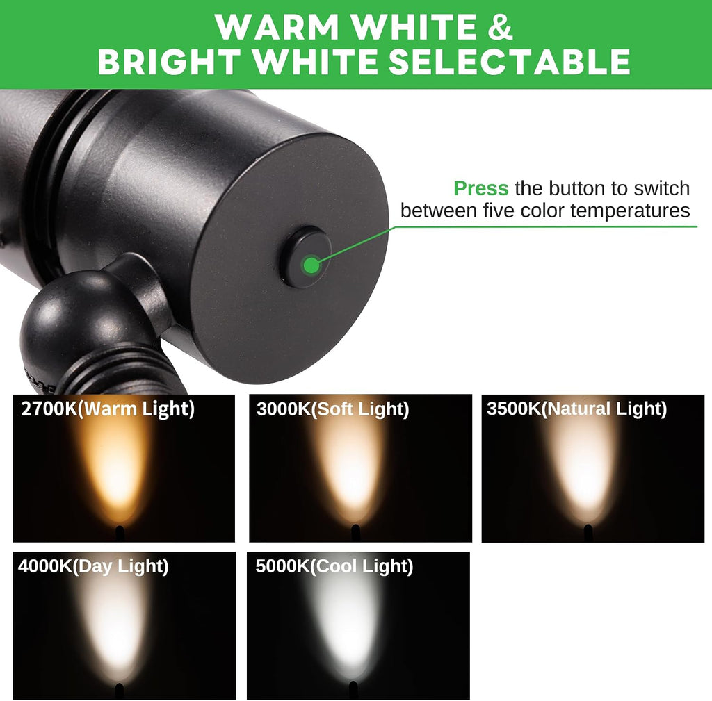 Outdoor Landscape Spotlights - 2700K/3000K/3500K/4000K/5000K Switchable White, Low Voltage Spot Lights LED Hard-Wired, IP65 Waterproof Uplighting, Black Aluminum for Backyard Fence 8 Pack