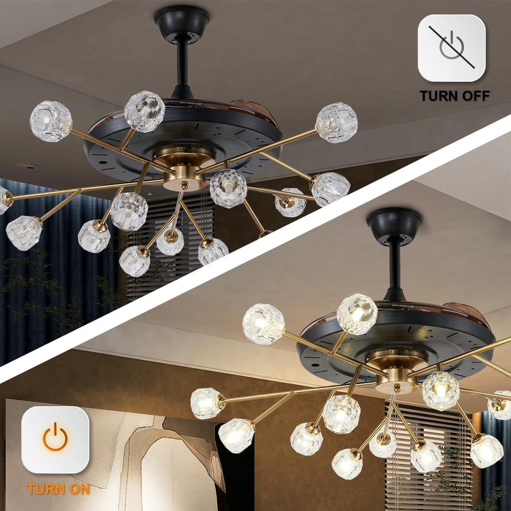 42' Modern Sputnik Fandelier Ceiling Fan with Light, 15-Light Brass Crystal Chandelier Fan with Remote Control Retractable 6 Speed Reversible Motor for Bedroom Living Dining Room