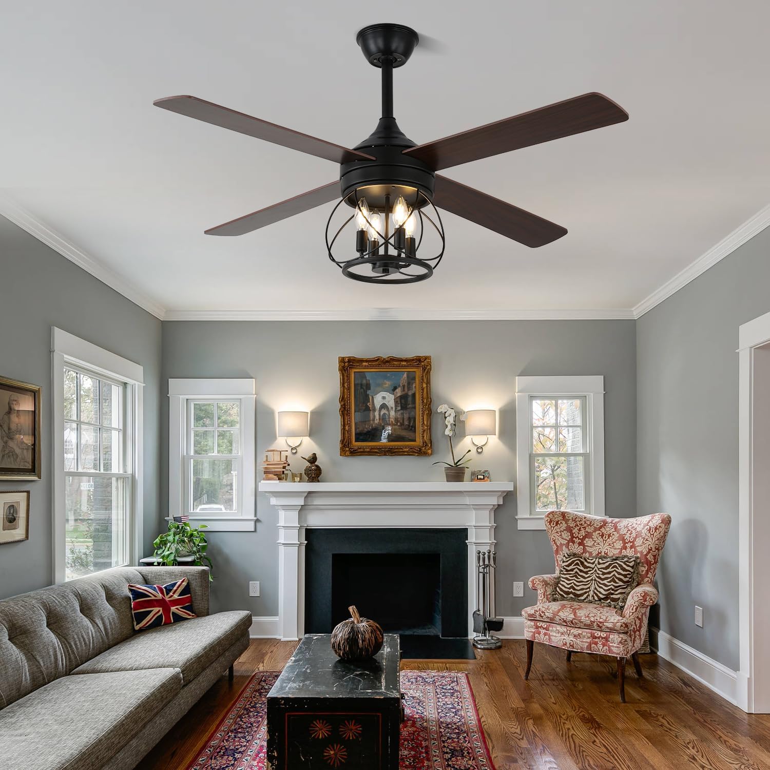 52 Inch Farmhouse Ceiling Fan with Light and Remote Industrial Ceiling Fan Quiet and Reversible DC Motor Rustic Caged Chandelier Fan for Living Room Bedroom Patio