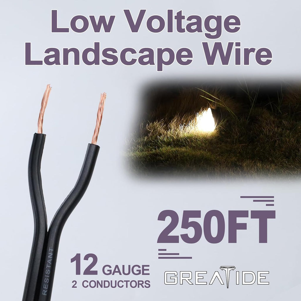 12/2 Low Voltage Landscape Lighting Wire, Outdoor Direct Burial Cable, 12 Gauge 2 Conductor, 250 Feet