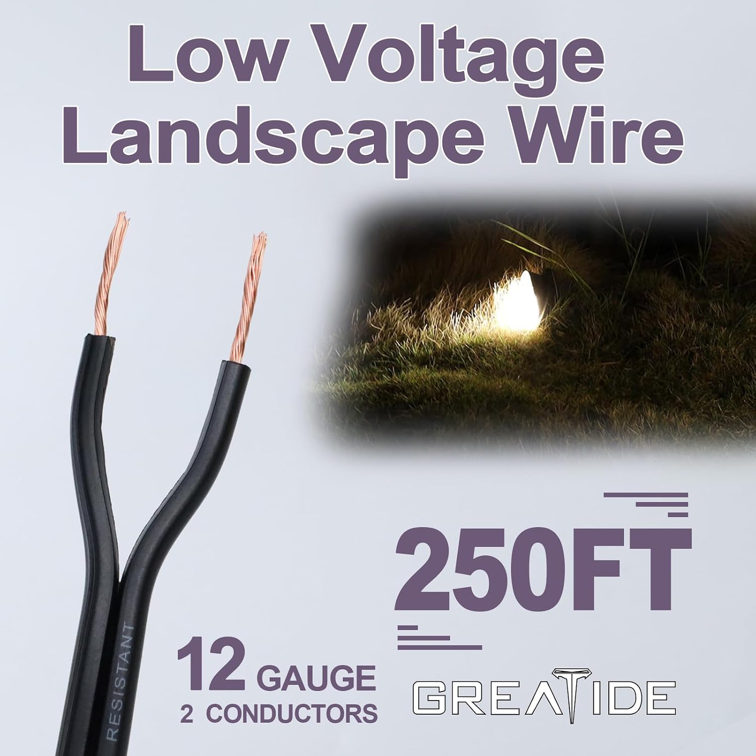 12/2 Low Voltage Landscape Lighting Wire, Outdoor Direct Burial Cable, 12 Gauge 2 Conductor, 250 Feet