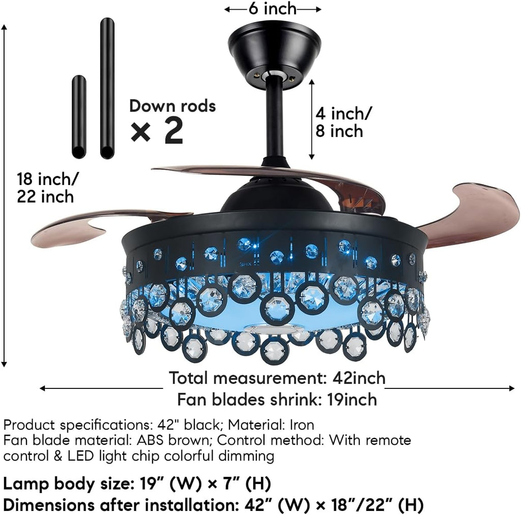A Million Crystal Ceiling Fan with Lights Smart Bluetooth Music Player, 42 Inch LED Dimmable Remote Control Retractable Invisible Blades Indoor Ceiling Fan for Living Room Black