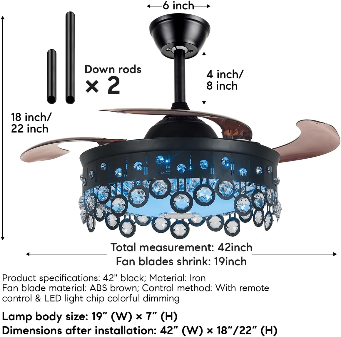 A Million Crystal Ceiling Fan with Lights Smart Bluetooth Music Player, 42 Inch LED Dimmable Remote Control Retractable Invisible Blades Indoor Ceiling Fan for Living Room Black