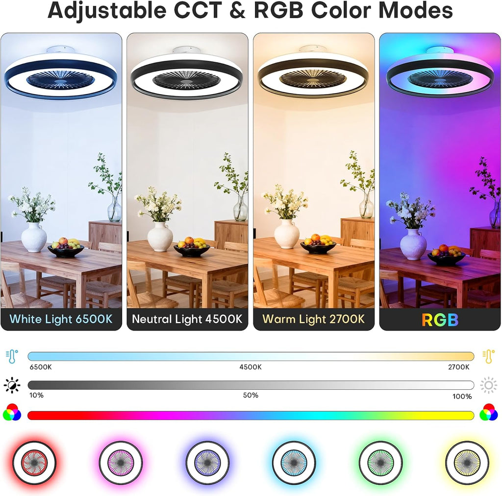 Bladeless Ceiling Fan with RGB Light, 24'' Flush Mount Low Profile Ceiling Fans with Remote & APP Control, Voice Control, 2700-6500K, 6 Speeds Dimmable LED Fan Light for Bedroom, Kids Room