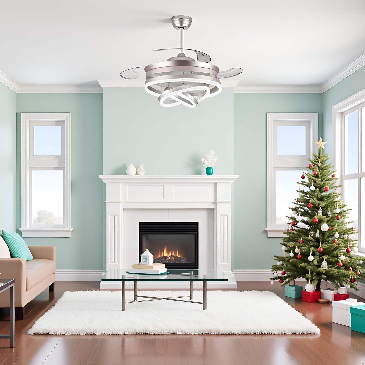 42' Modern Retractable Ceiling Fan with Lights, Fandelier Ceiling Fan with LED Light and Remote&App Control, 6 Speed Reversible 3CCT Chandelier Fan for Bedroom Living Room Dining Room Silver