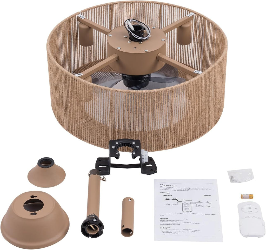 LOYALHEARTDY Boho Ceiling Fan With Light and Remote 18'' 3-speed Fringe Tassel Caged Ceiling Fan Modern Downrod Mount Bladeless Ceiling Fan Kids Fan, Hemp Rope Fringe Tassel Lampshade (FG87GRWEOUERR)