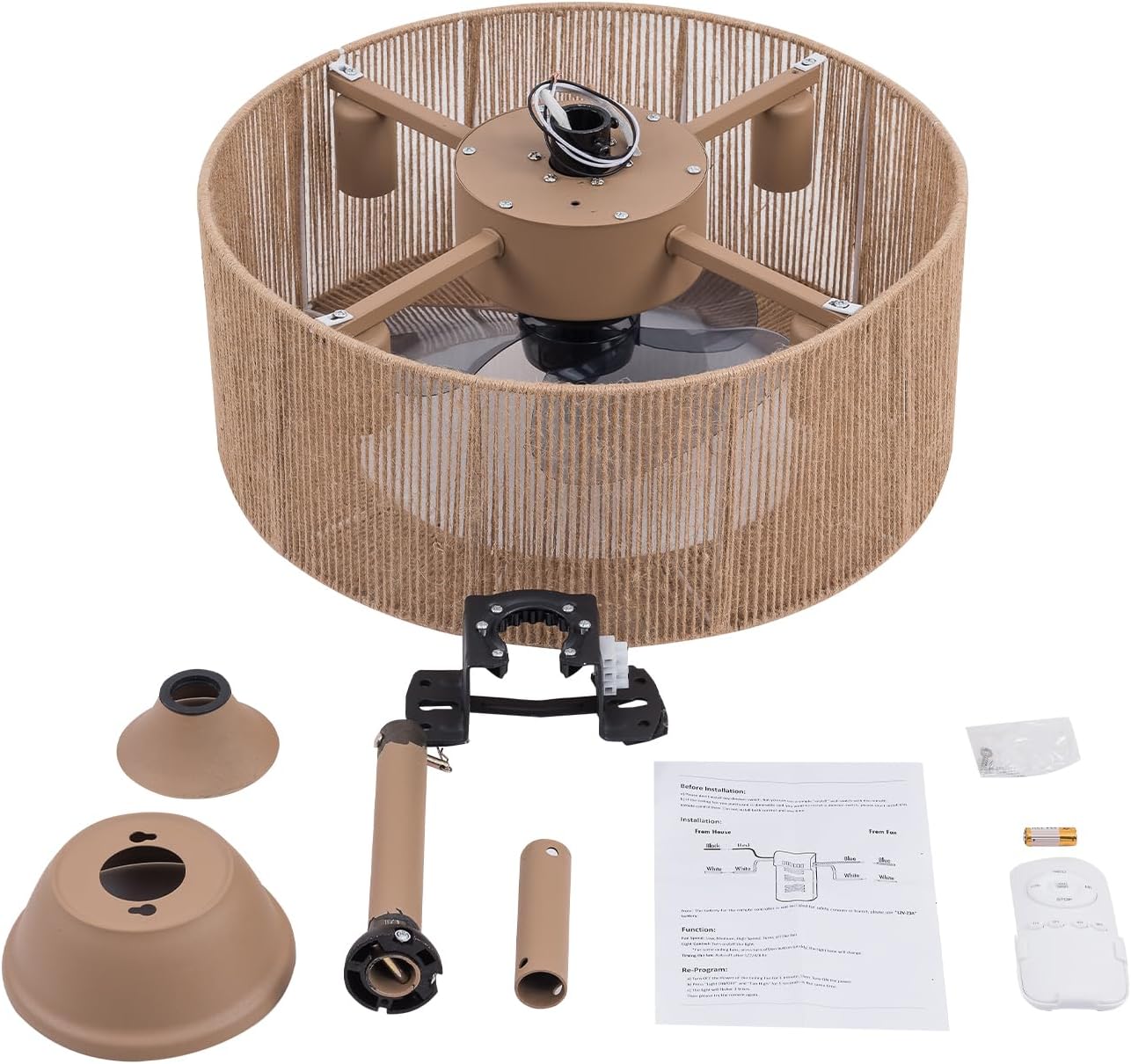 LOYALHEARTDY Boho Ceiling Fan With Light and Remote 18'' 3-speed Fringe Tassel Caged Ceiling Fan Modern Downrod Mount Bladeless Ceiling Fan Kids Fan, Hemp Rope Fringe Tassel Lampshade (FG87GRWEOUERR)