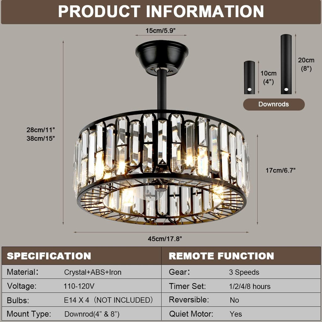 Fandian 18' Industrial Caged Ceiling Fan with Light,Bladeless Fan with 3 Speeds, Farmhouse Crystal Fandelier with Remote Control, Vintage Black Crystal Chandelier Fan for Dining Bedroom