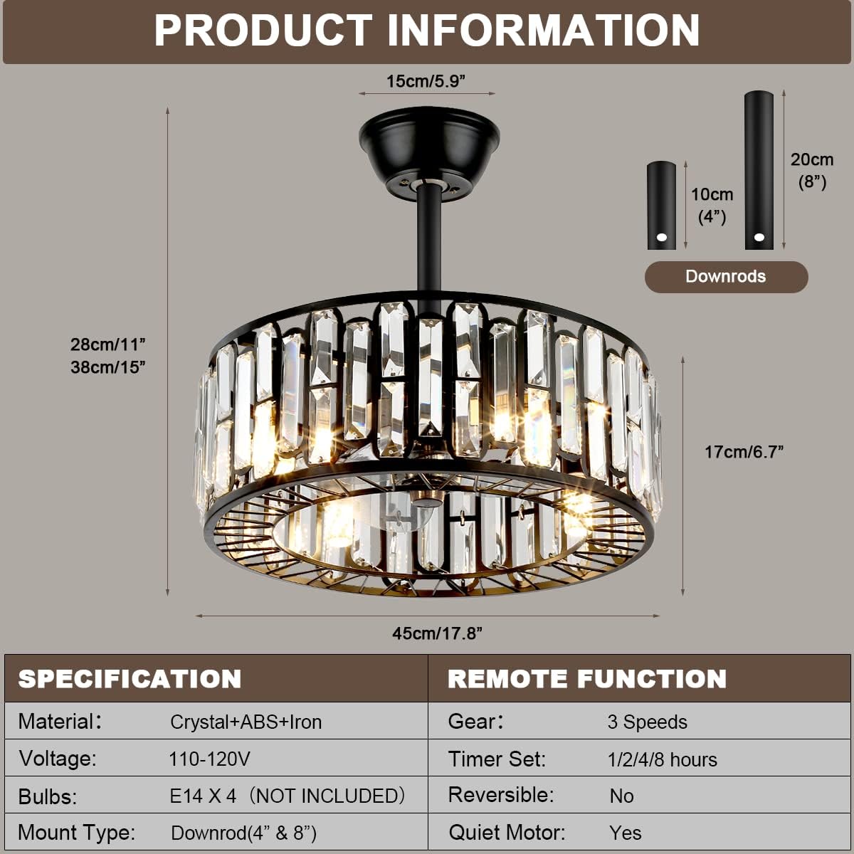 Fandian 18' Industrial Caged Ceiling Fan with Light,Bladeless Fan with 3 Speeds, Farmhouse Crystal Fandelier with Remote Control, Vintage Black Crystal Chandelier Fan for Dining Bedroom