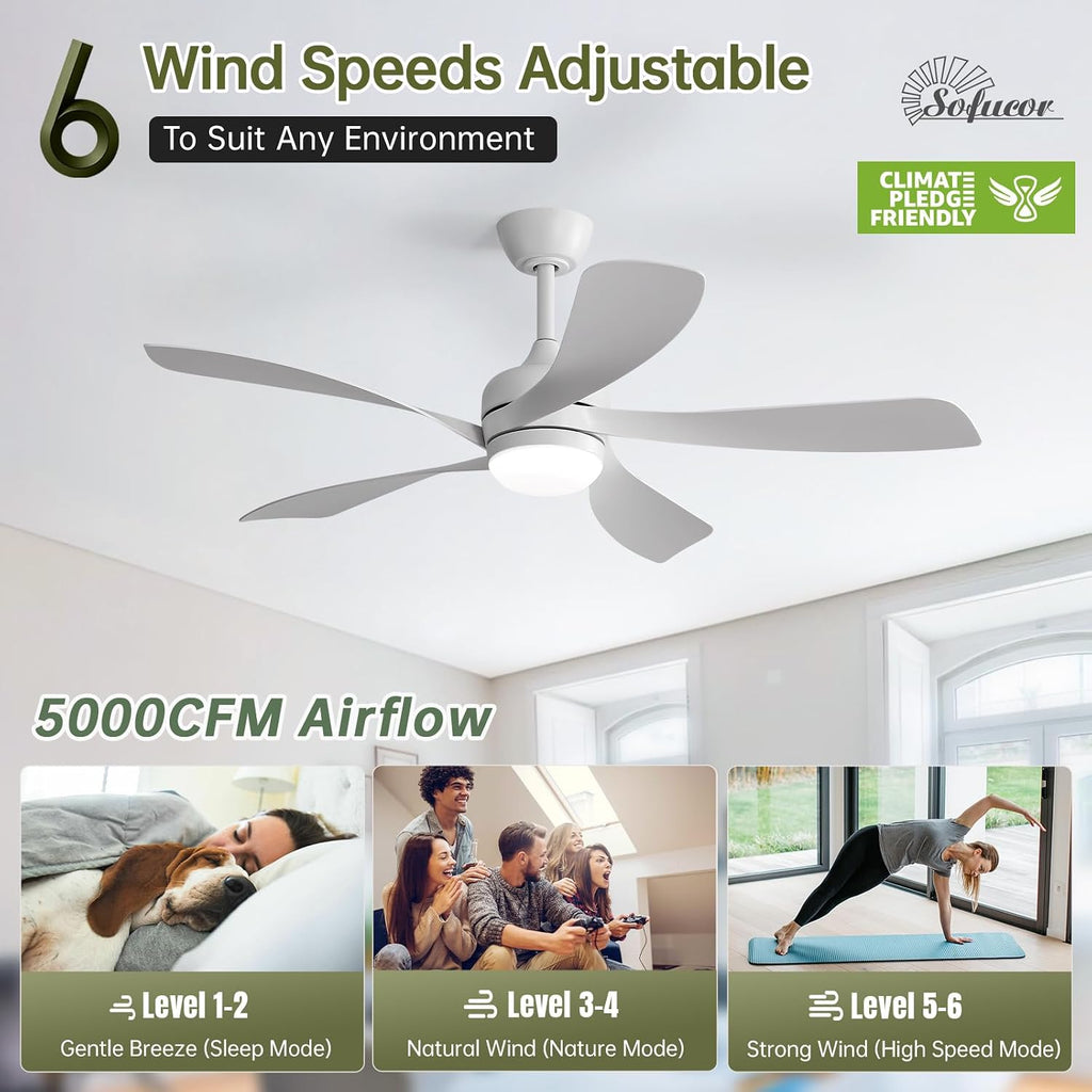 Sofucor 52 Inch Ceiling Fan with Light, Modern Ceiling Fan with Dimmable Memory LED - Quiet DC Motor, 6 Speeds 5000CFM, Timer, Reversible, for Living Room Bedroom, ETL, 5 Plastic+ABS Blades, White