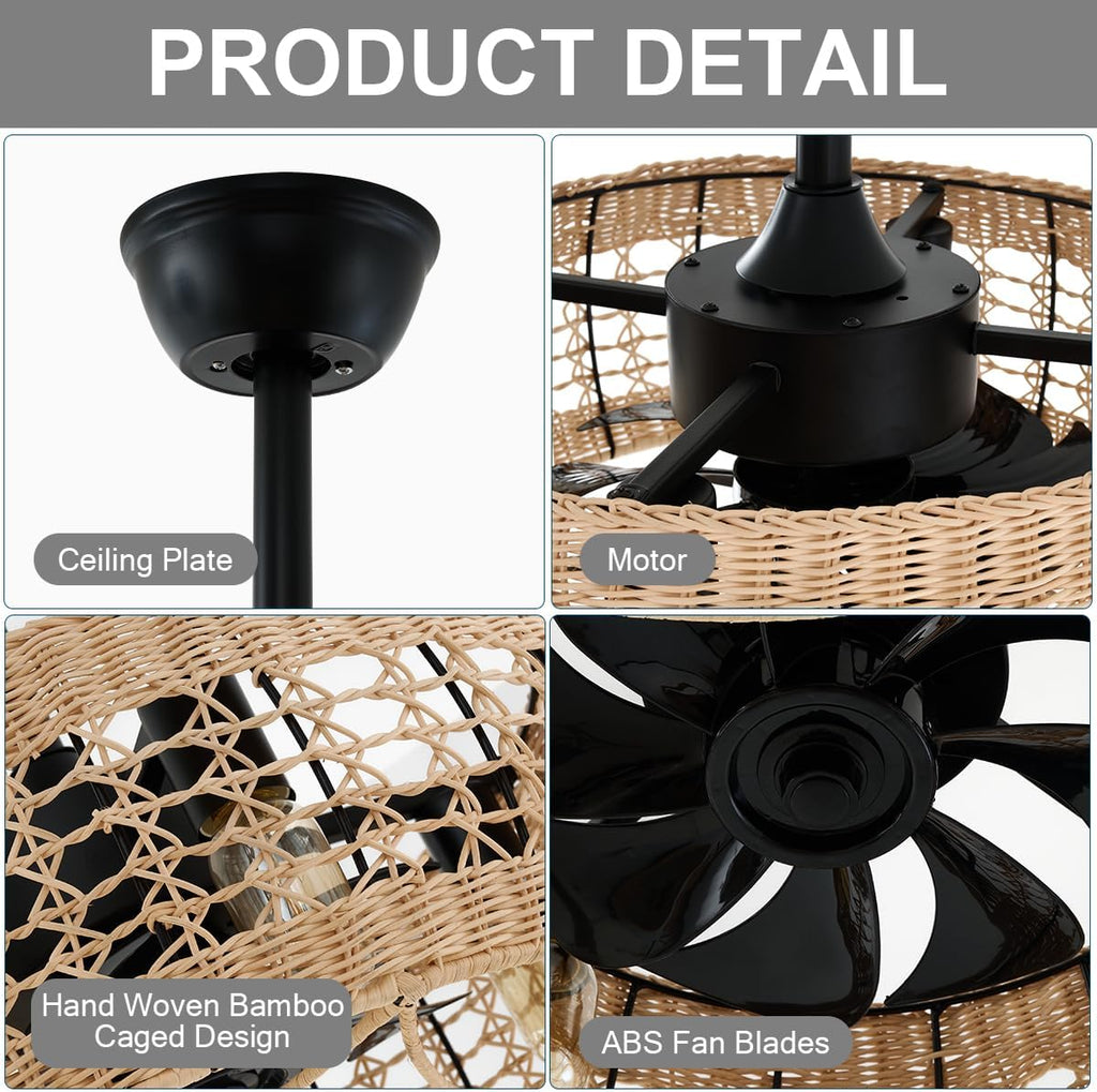 18.2' Rattan Ceiling Fan with Lights 4-Light Boho Caged Ceiling Fandelier with Light Reversible Brown Wicker Flush Mount Fan Pendant Light Remote for Bedroom Kitchen Dining/Living Room Hallway
