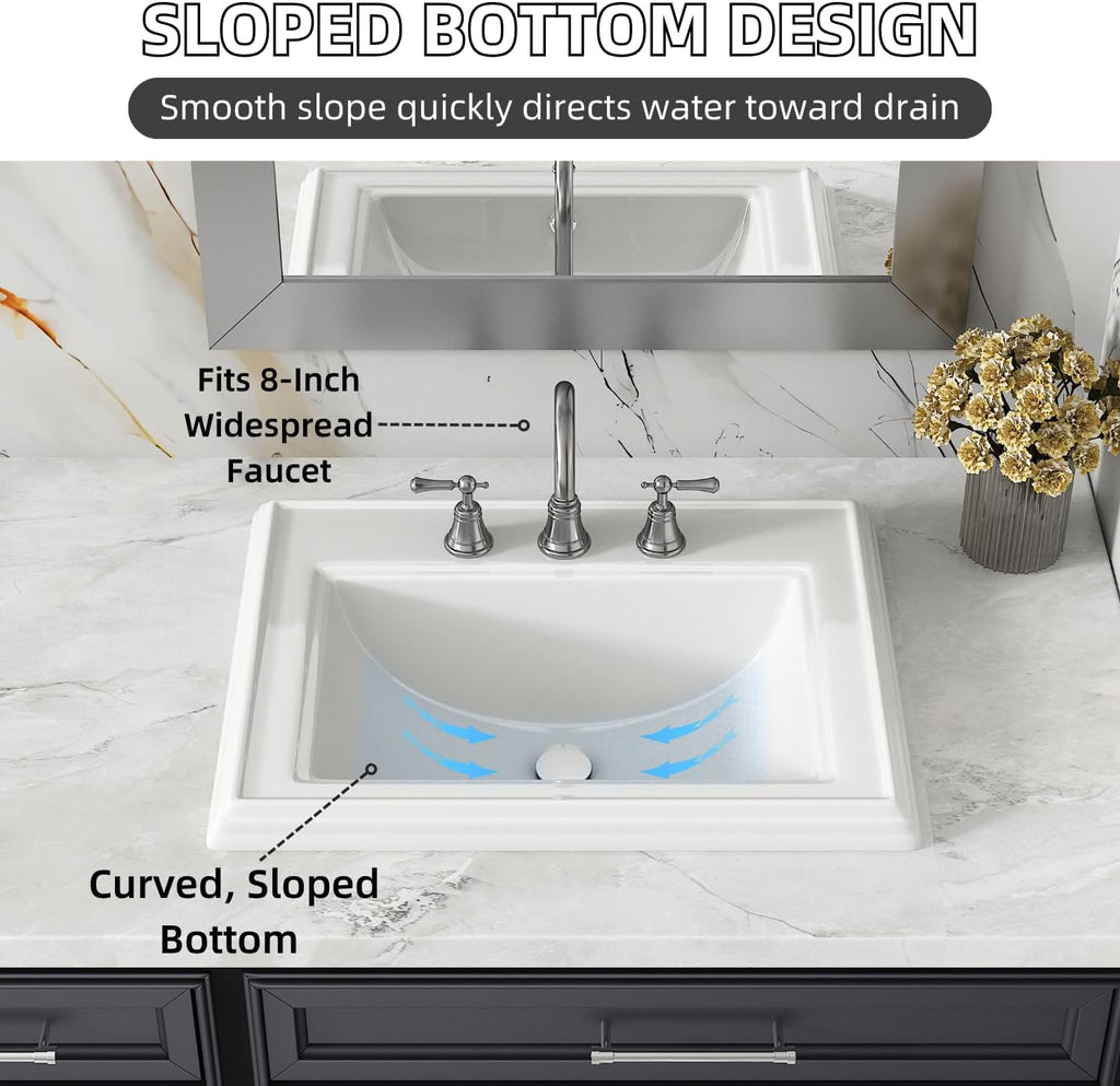 23'W x 18'D Drop In Bathroom Sink Rectangle With 3 Holes for 8' Widespread Faucet, Los Flexi 23 Inch White Ceramic Vanity Top with Front Overflow, Vintage Top Mount Sink for Bathroom Countertops