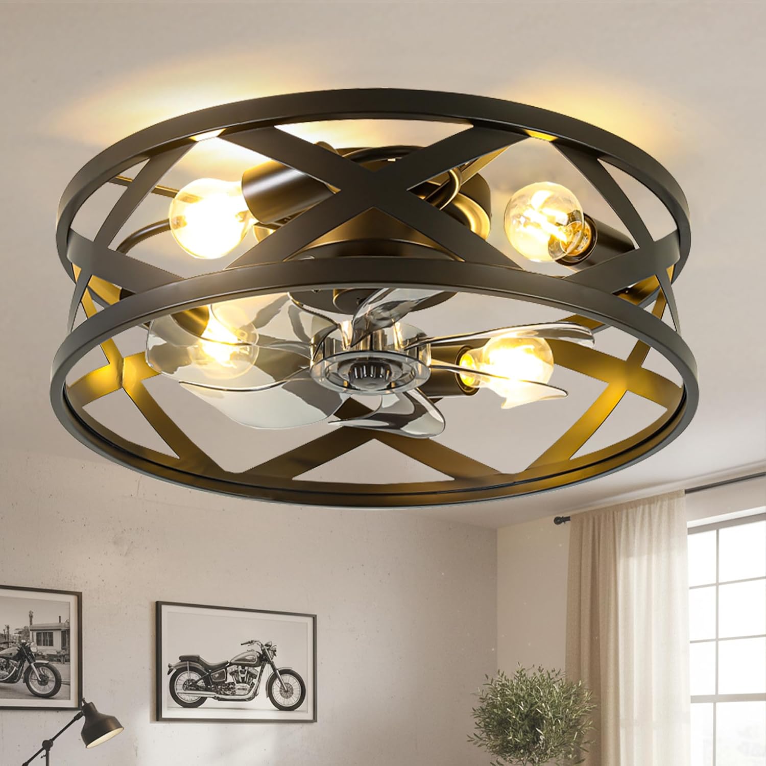 20'' Caged Ceiling Fan with Light,6 Speed Reversible DC Motor,4 E26 Bulb Base,1/2/4H Timer,Industrial Flush Mount Low Profile Ceiling Fan with Remote Control for Bedroom Living Room