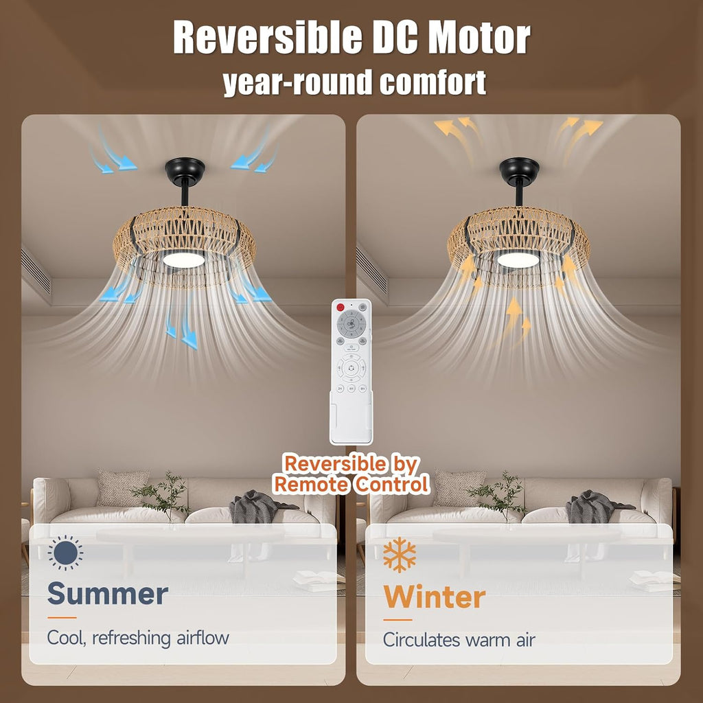 ocioc 20' Caged Ceiling Fans with Lights and Remote,Fandelier Ceiling Fan with Light,Bladeless,Quiet Reversible DC Motor,Rattan Boho Ceiling Fan for Bedroom,Living Room