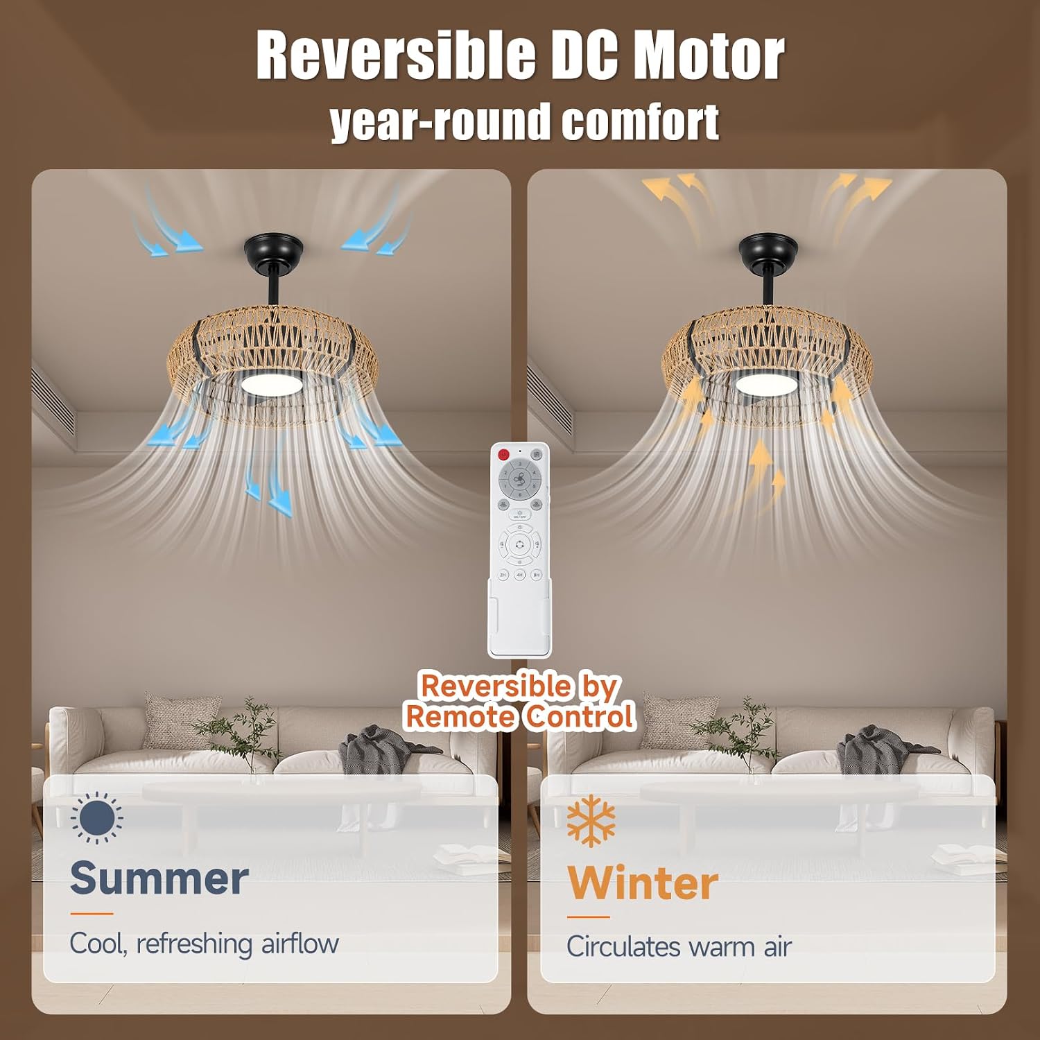 ocioc 20' Caged Ceiling Fans with Lights and Remote,Fandelier Ceiling Fan with Light,Bladeless,Quiet Reversible DC Motor,Rattan Boho Ceiling Fan for Bedroom,Living Room
