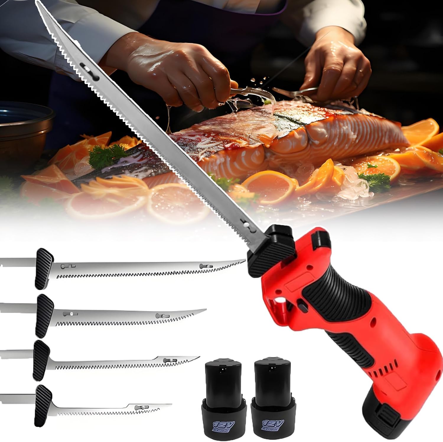 New Cordless Reciprocating Electric Fillet Knife - Pro Electric Fish Scale/Filet Knife With 4 Blades, 2 * 2000Mah Batteries, Quick Release, Safety Lock And Comfort Grip For All-Day Use