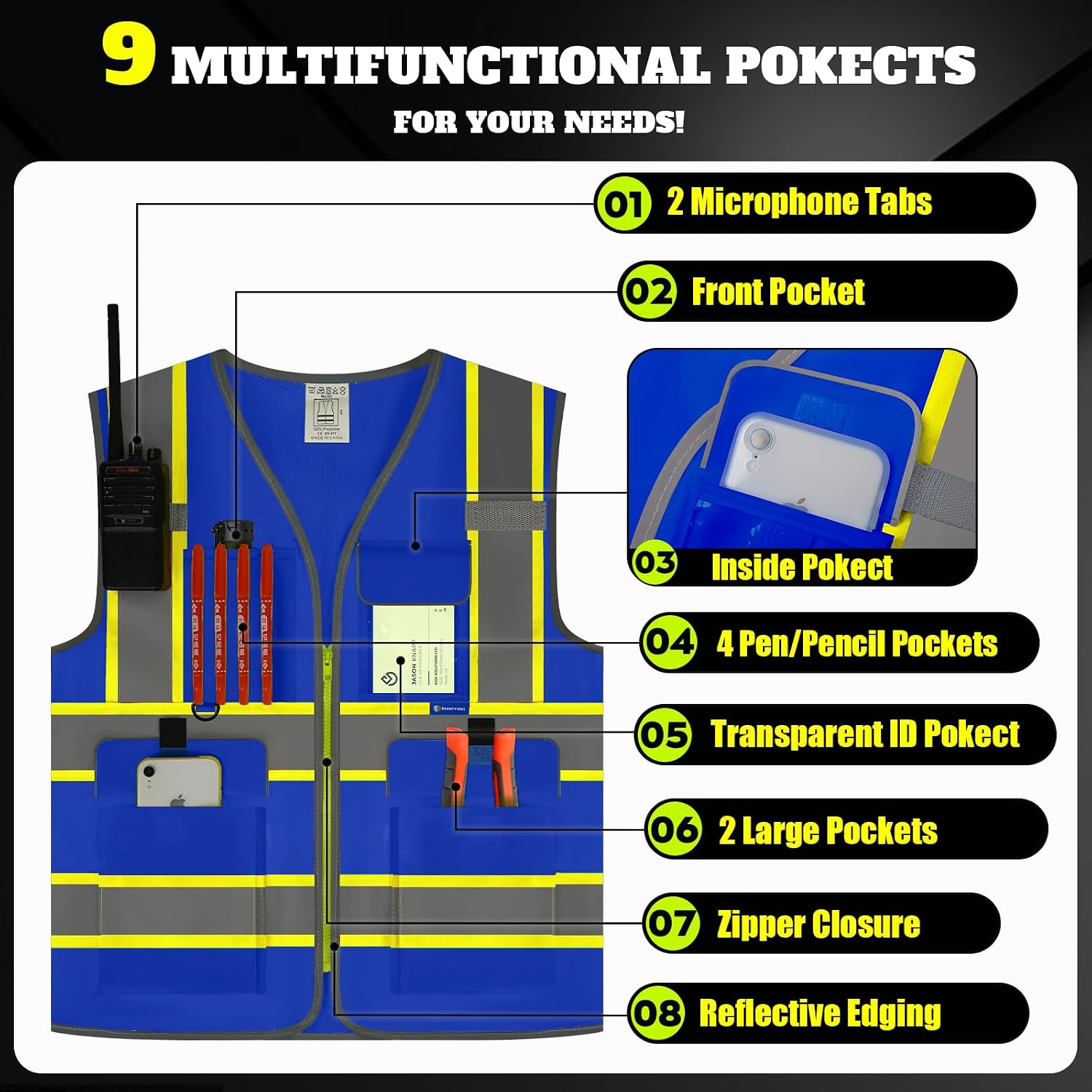 Custom Safety Vest Logo High Visibility Reflective Vest Ansi with Pockets Class 2 Hi Vis Security Construction Workwear