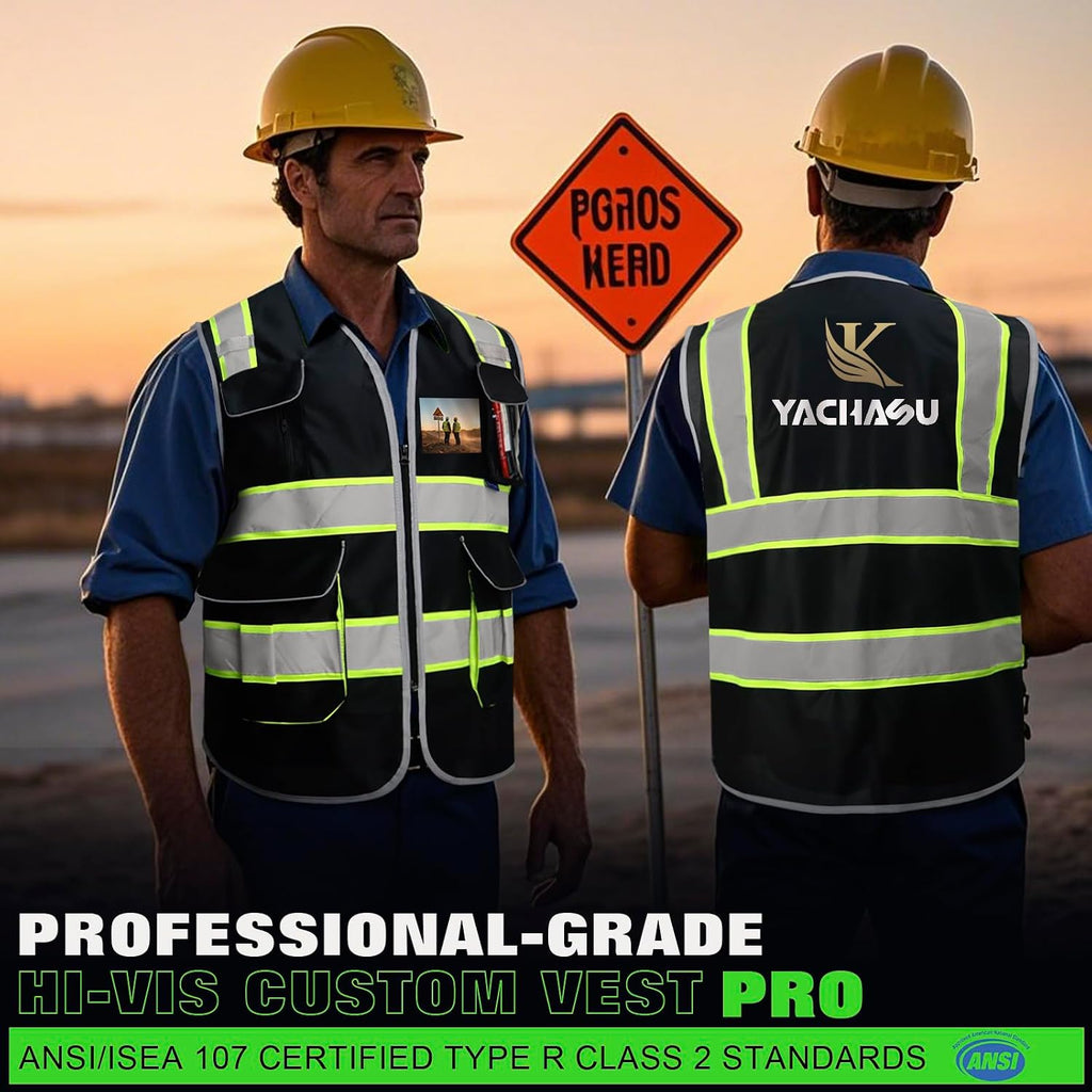 BeautyWill ANSI Certified Custom Logo Safety Vest 8-Pockets Class2 High Visibility Reflective Vest for Men - Personalized Logo Heavy-Duty Work Vest（Black，5Pack，L）