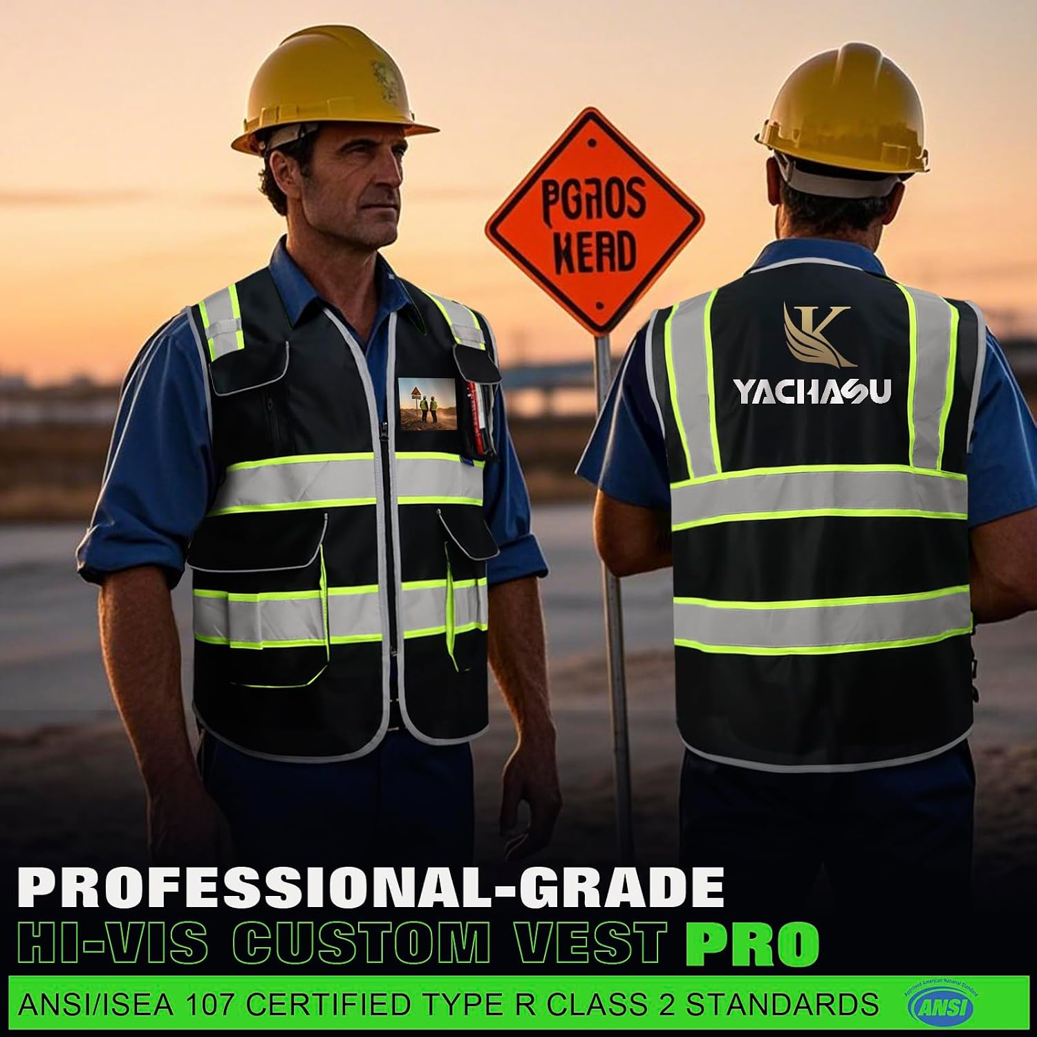 BeautyWill ANSI Certified Custom Logo Safety Vest 8-Pockets Class2 High Visibility Reflective Vest for Men - Personalized Logo Heavy-Duty Work Vest（Black，5Pack，L）