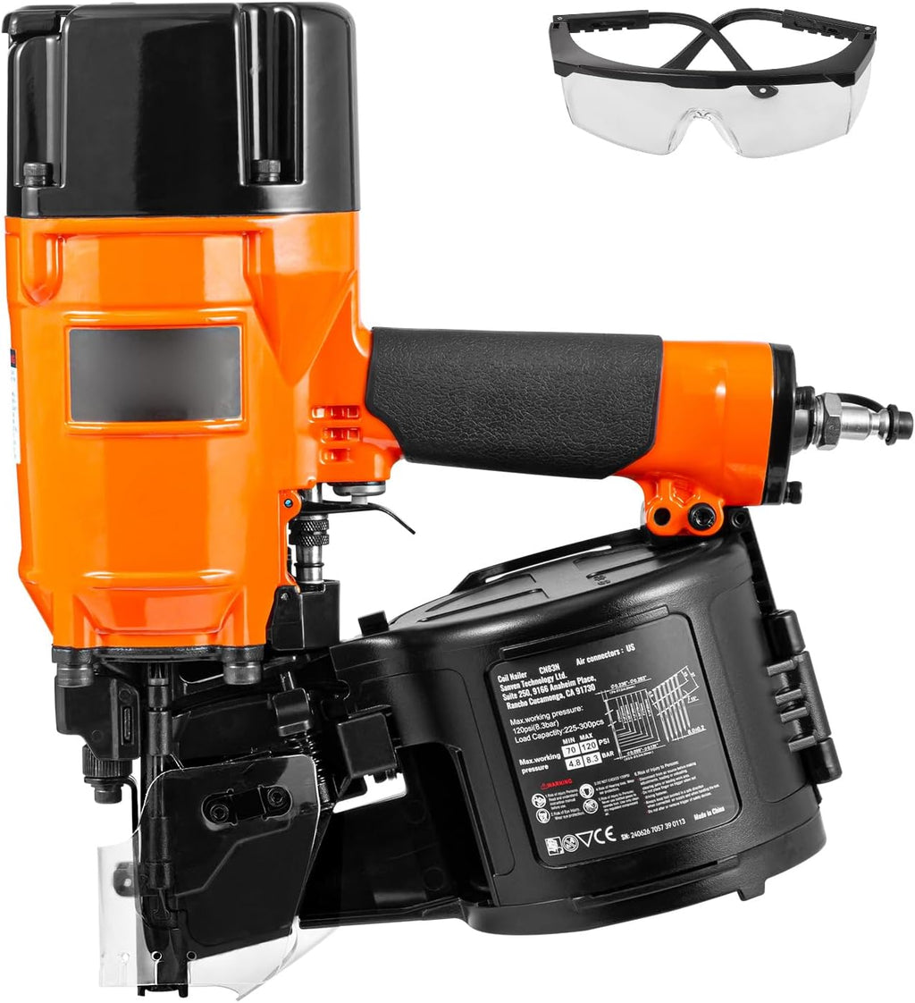 Happybuy Coil Siding/Framing Nailer CN83N, 2' to 3-1/4' 15 Degree Pneumatic Siding Nail Gun with Tool-Less Depth Adjustment, 70-120PSI Air Coil Nailer for Siding Sheathing Wooding Fencing Decking