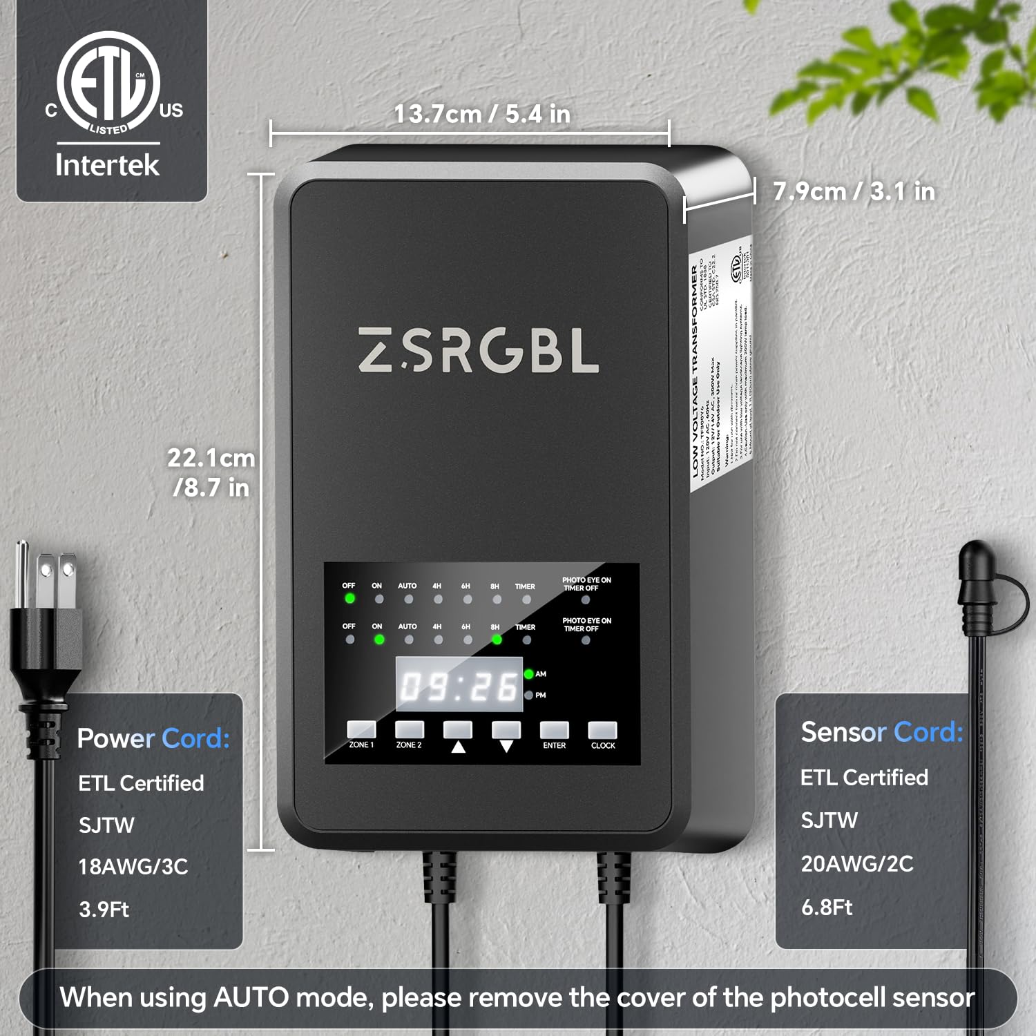 600W Low Voltage Transformer with 2 Zone Independent Control 120V AC to 12/14V AC Outdoor Weatherproof Landscape Lighting Transformer with Photocell Sensor and Timer for Spotlights, ETL Listed