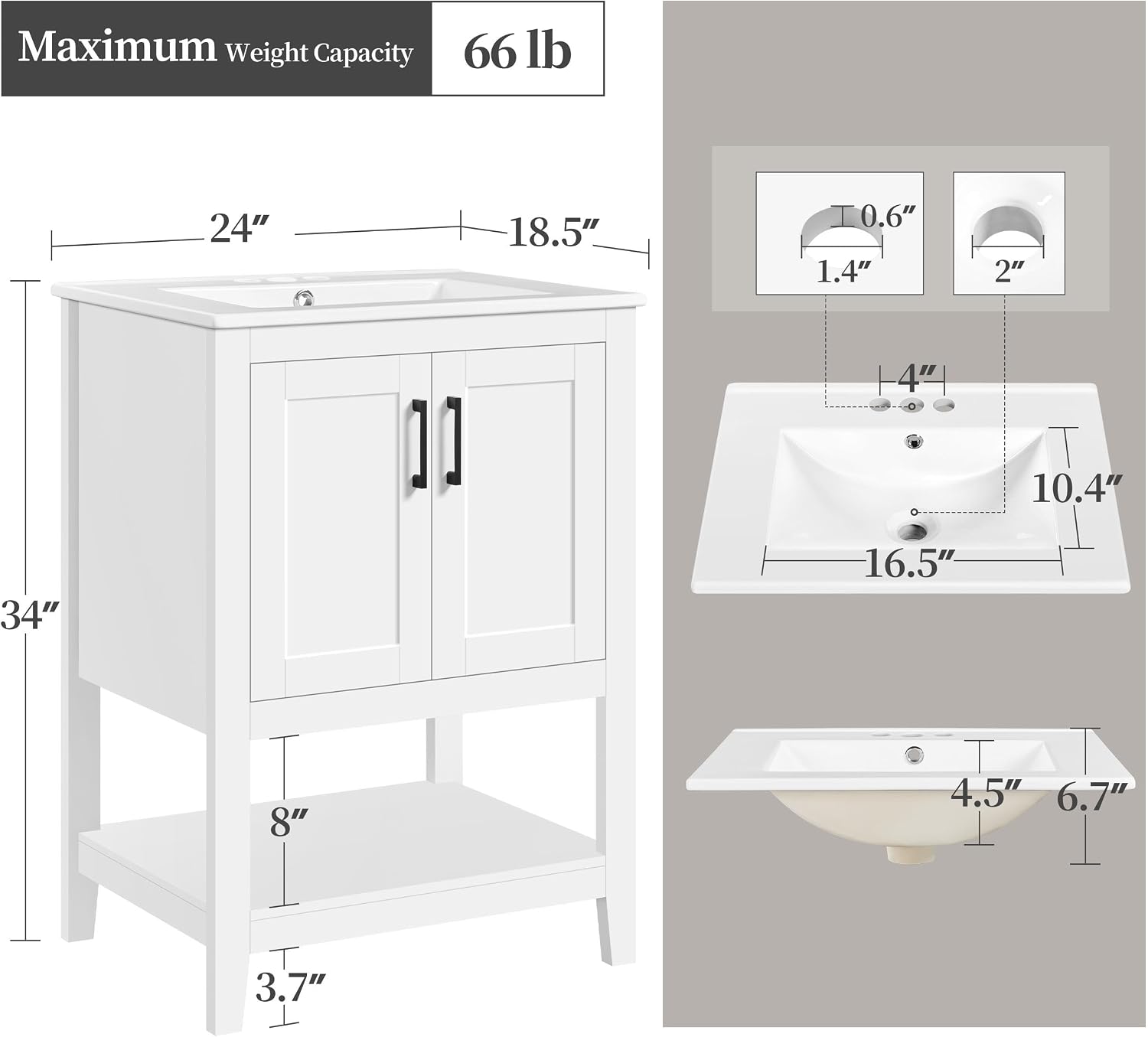 Yaheetech 24' Modern Bathroom Vanity with Sink, Bathroom Sink Cabinet with Rectangular Ceramic Basin, Bathroom Vanities Cabinet with 2 Doors and 1 Open Shelf, White
