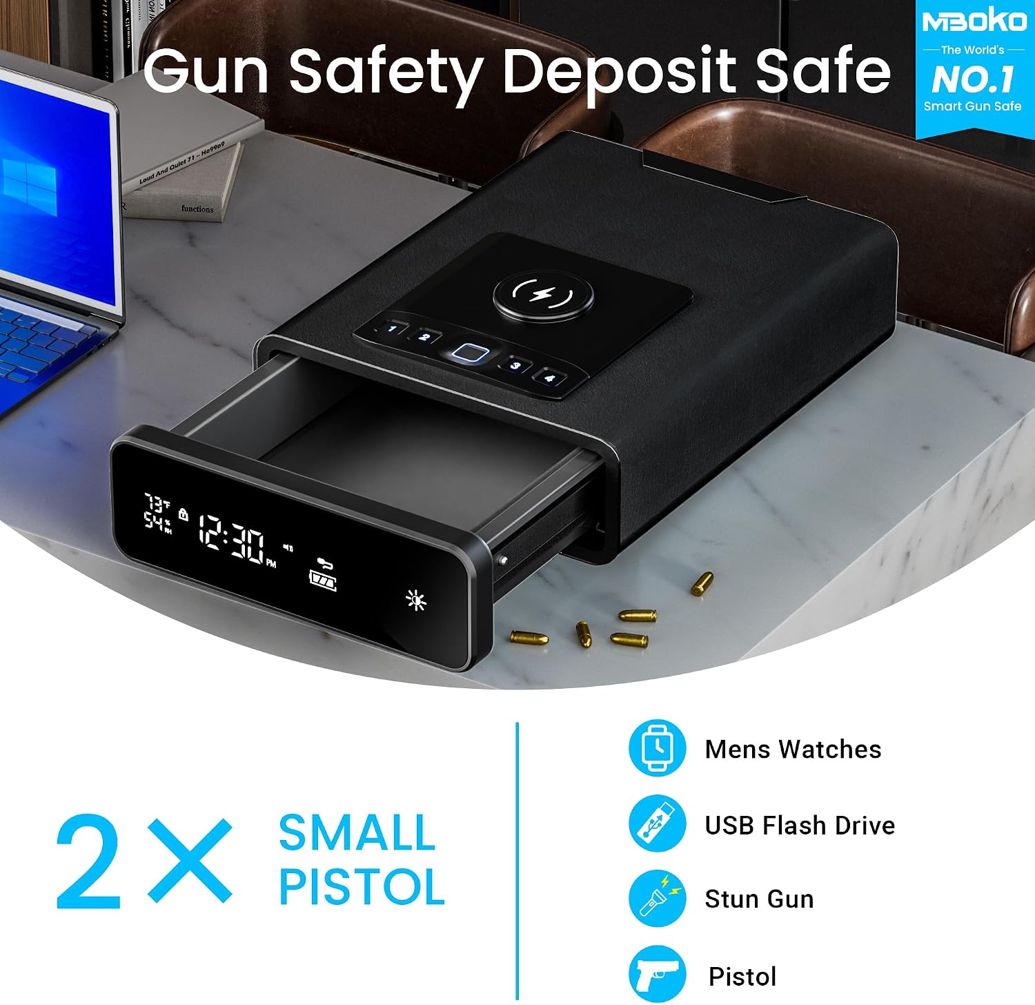 Mboko Biometric Discreet Gun Safe with 12-Hour Time Clock Display, Wireless Charging Pistol Safe for Handgun with Adjustable Brightness, Backlit Keypad, LED Light, Gifts for Father's Day（Black）