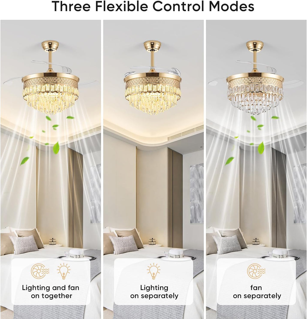 42' Chandelier Ceiling Fan with Lights,Crystal Fandelier Ceiling Fan with Retractable Blades,Chandelier Fans for Bedroom Living Room,6 Speeds,3 Color Temperatures,Remote & APP Control-Gold