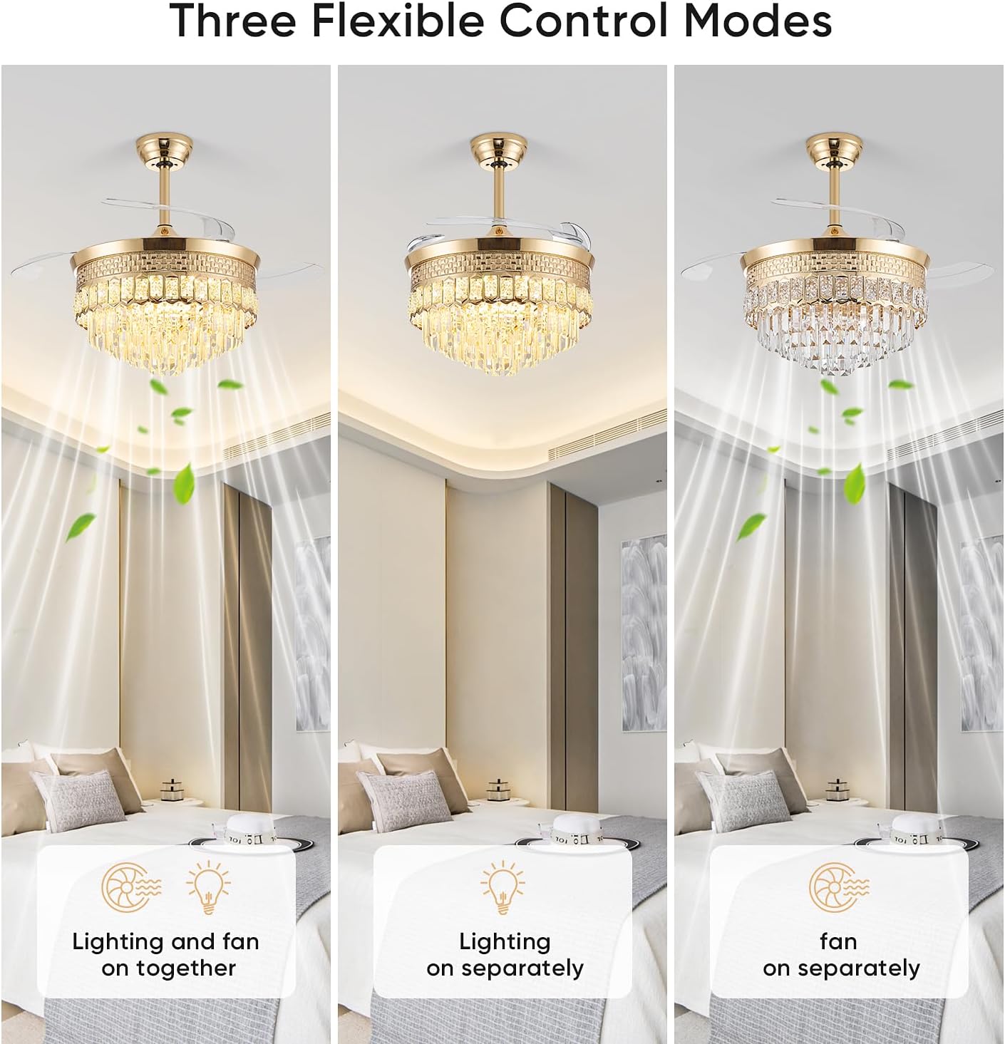 42' Chandelier Ceiling Fan with Lights,Crystal Fandelier Ceiling Fan with Retractable Blades,Chandelier Fans for Bedroom Living Room,6 Speeds,3 Color Temperatures,Remote & APP Control-Gold