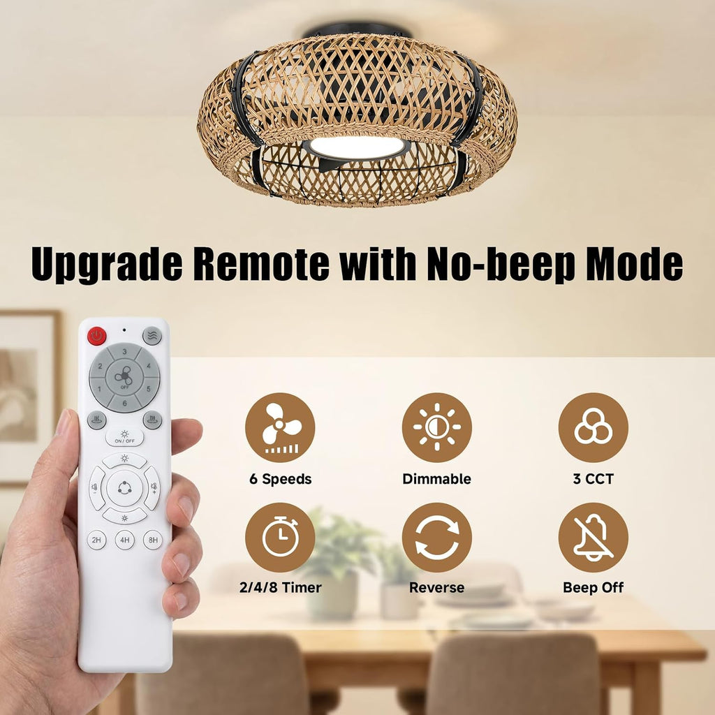 ocioc 20' Fandelier Ceiling Fans with Lights and Remote,Caged Ceiling Fan with Light,Flush Mount Low Profile,Bladeless,Quiet Reversible DC Motor,Boho Rattan Ceiling Fan for Bedroom,Living Room