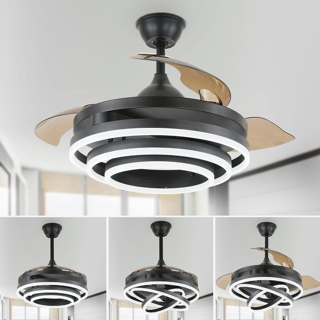 42' Retractable Ceiling Fan with Lights and Remote, Black Fandelier Ceiling Fan Modern Chandelier LED Light, Reversible Quiet DC Motor 3CCT Dimmable 6 Speed for Bedroom Living Room