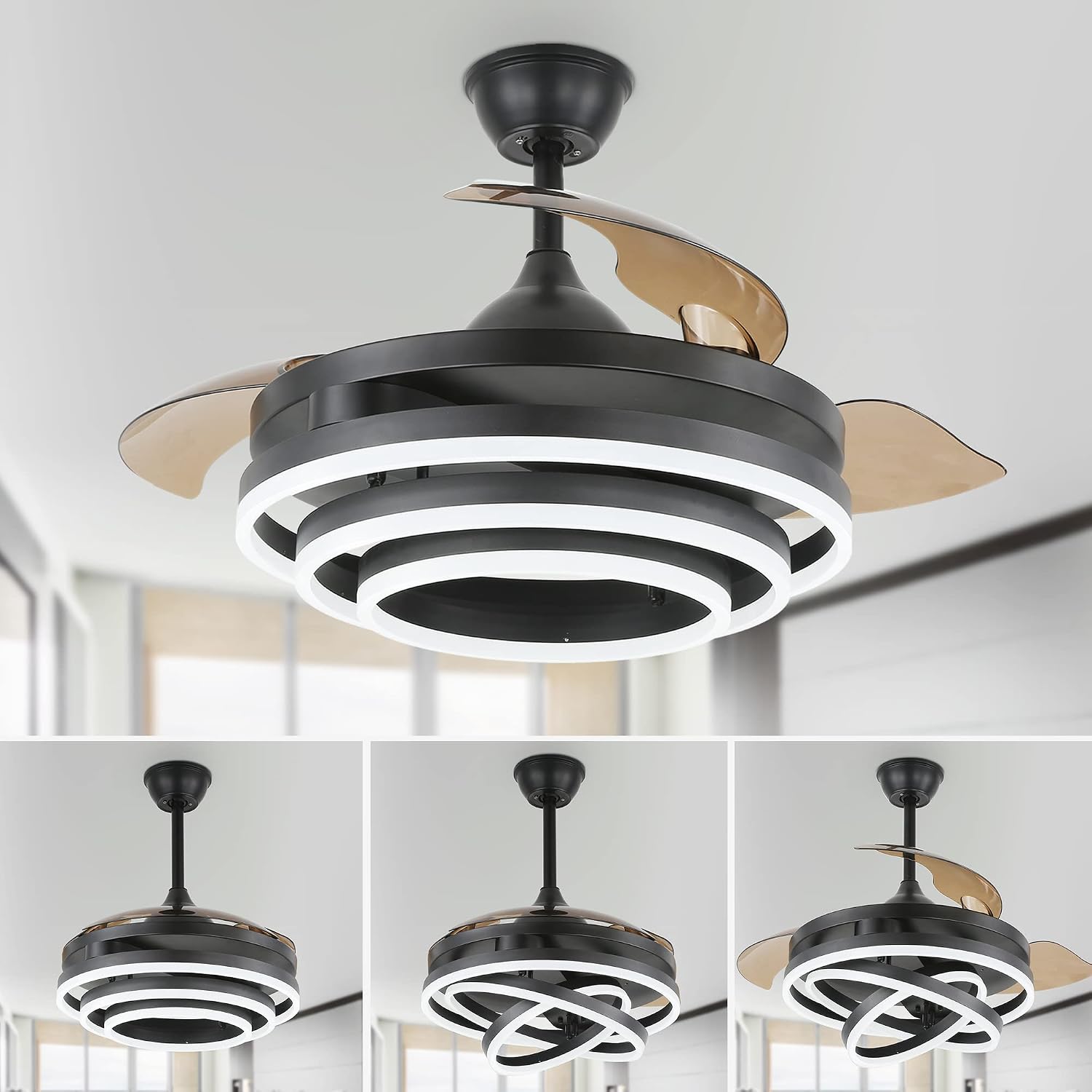 42' Retractable Ceiling Fan with Lights and Remote, Black Fandelier Ceiling Fan Modern Chandelier LED Light, Reversible Quiet DC Motor 3CCT Dimmable 6 Speed for Bedroom Living Room