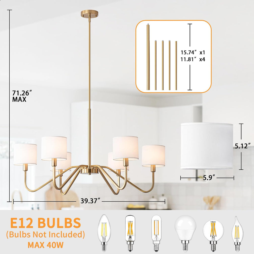 Modern Gold 6-Lights Chandelier, 39' Pendant Light with White Fabric Shade Adjustable Classic Chandelier Light Fixtures for Kitchen Island Dining & Living Room Entryway