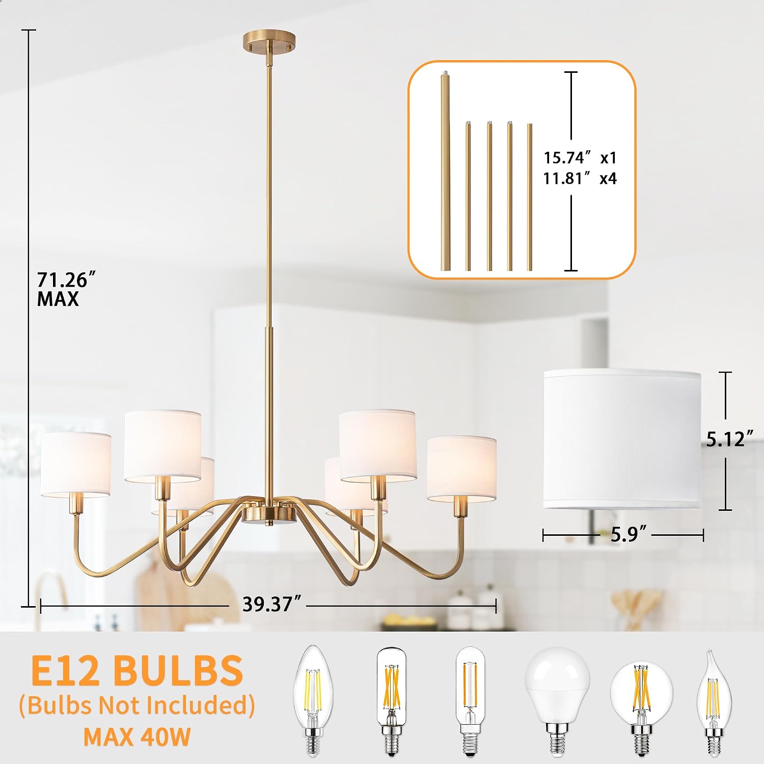 Modern Gold 6-Lights Chandelier, 39' Pendant Light with White Fabric Shade Adjustable Classic Chandelier Light Fixtures for Kitchen Island Dining & Living Room Entryway